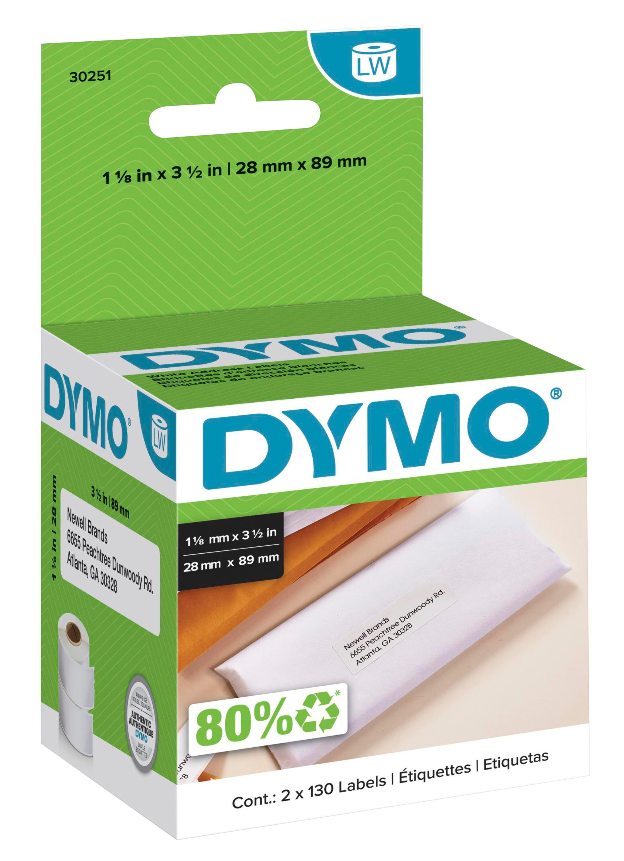 DYMO LabelWriter Address Labels, 1-1/8 x 3-1/2 Inches, White, 130 Labels/Roll, Pack of 2 Rolls 038587